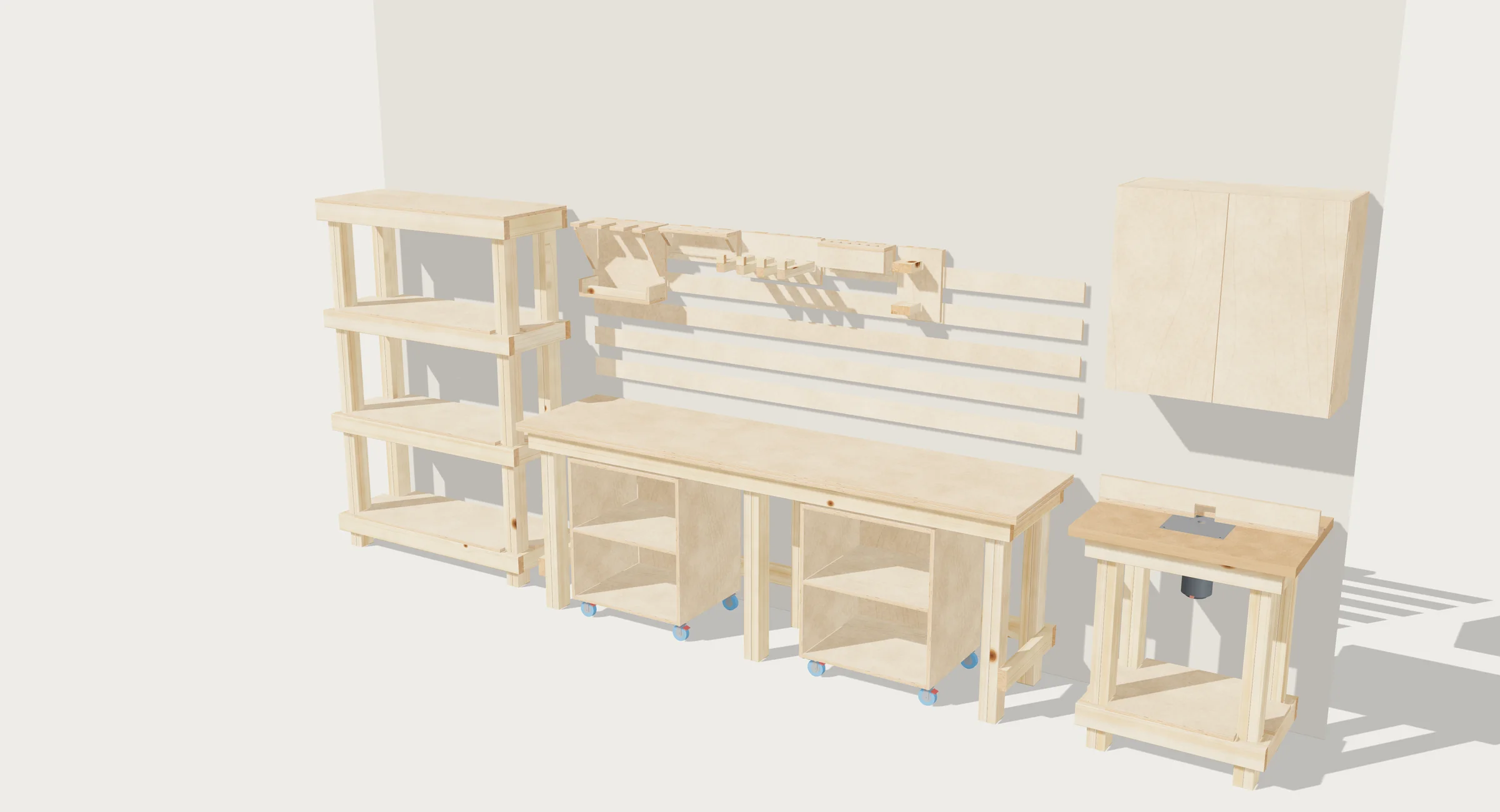 A shop wall drawn by Benchside: freestanding shelving, a workbench with two rolling carts parked under it, a French cleat wall with tool holders, a wall cabinet and a router table.