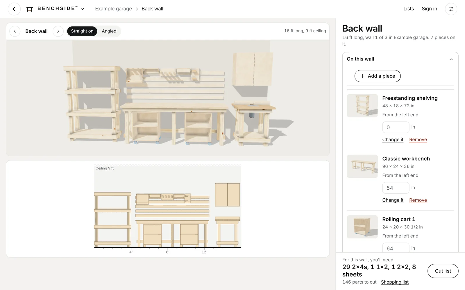 A wall of the example garage in Benchside: the 3D wall with its pieces, and a to-scale drawing below it.